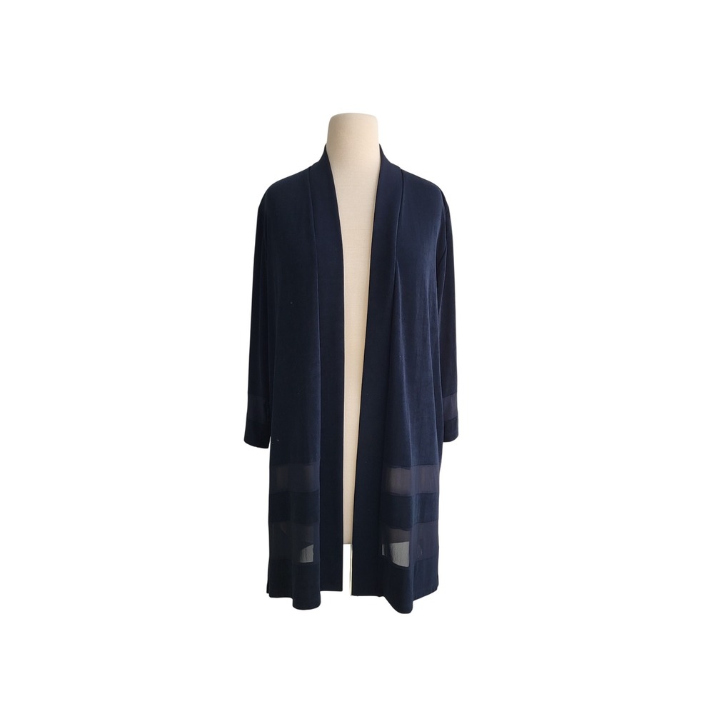 Chico's Travelers Cardigan Size 2 L 12/14 Navy Mesh Stripe Open Front Longline